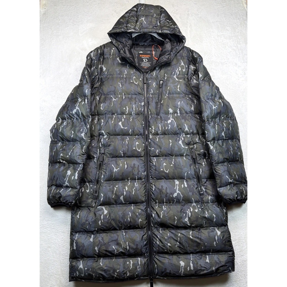 Superdry Echo Edition Puffer Coat Mens L Camo Hooded Quilted Long Jacket